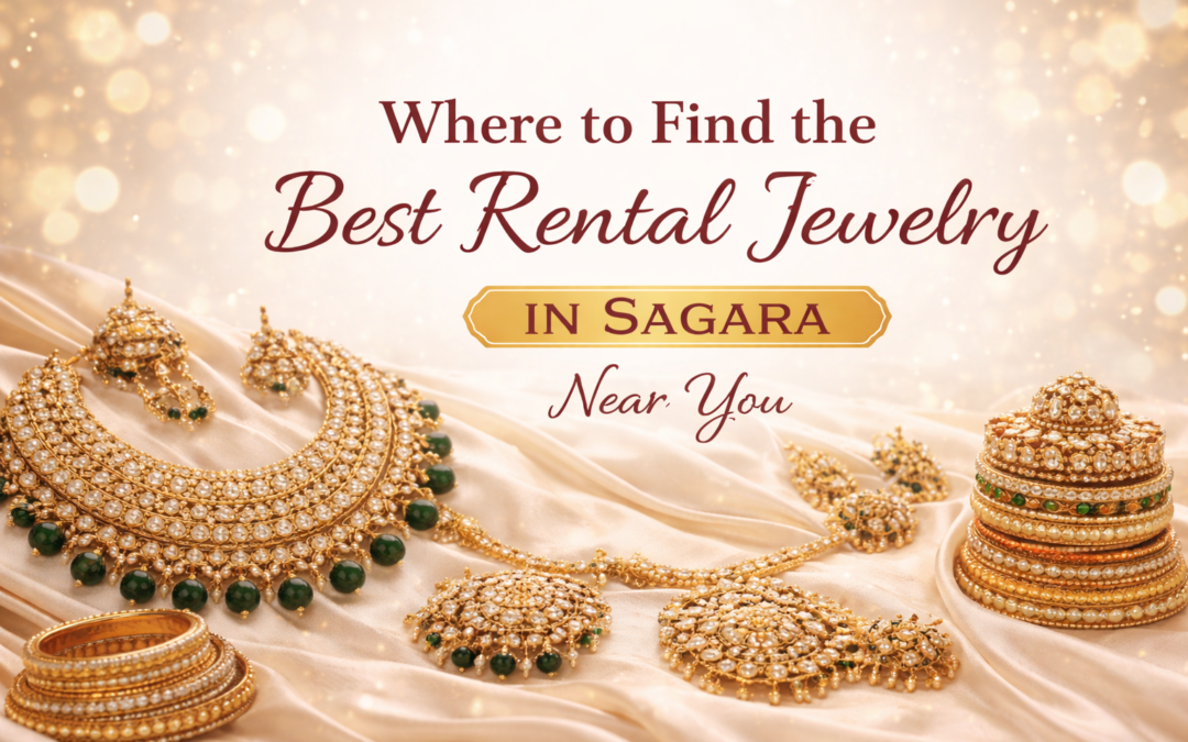 Best rental jewelry in Sagara featuring bridal gold necklace, earrings, and bangles on silk background